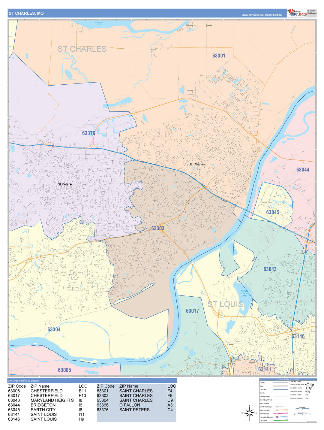 Color Cast Zip Code Style Wall Map of St. Charles, MO