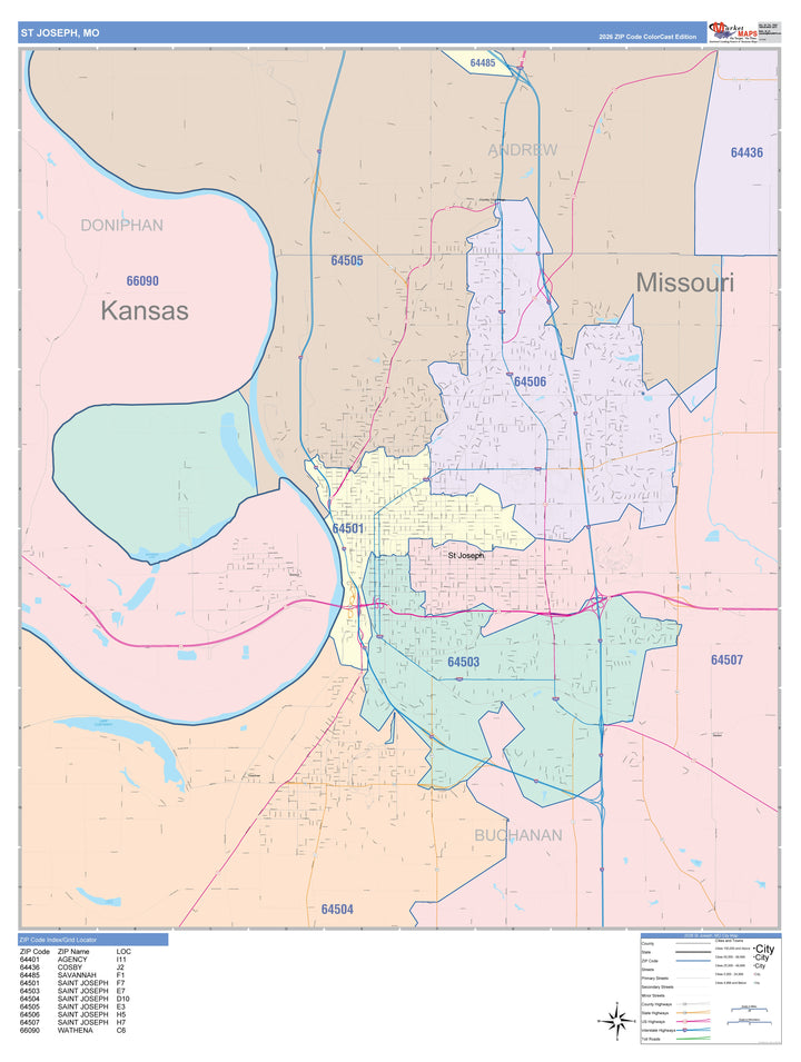 Color Cast Zip Code Style Wall Map of St. Joseph, MO