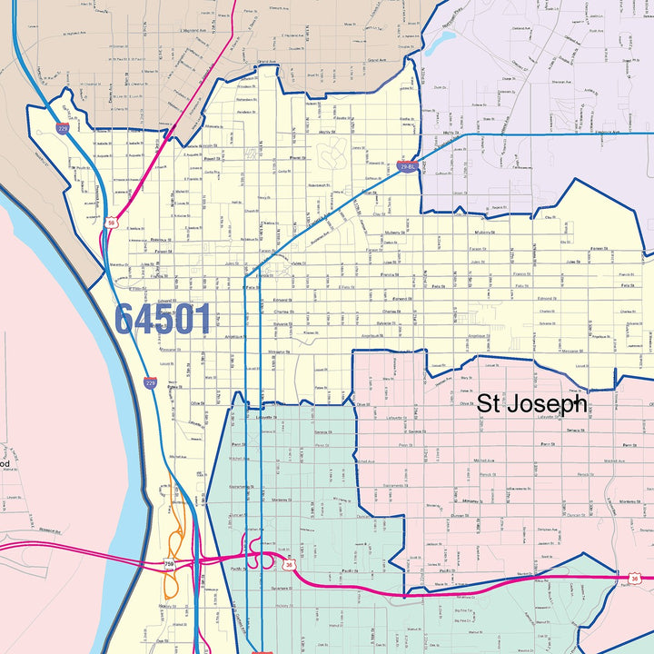 Color Cast Zip Code Style Wall Map of St. Joseph, MO