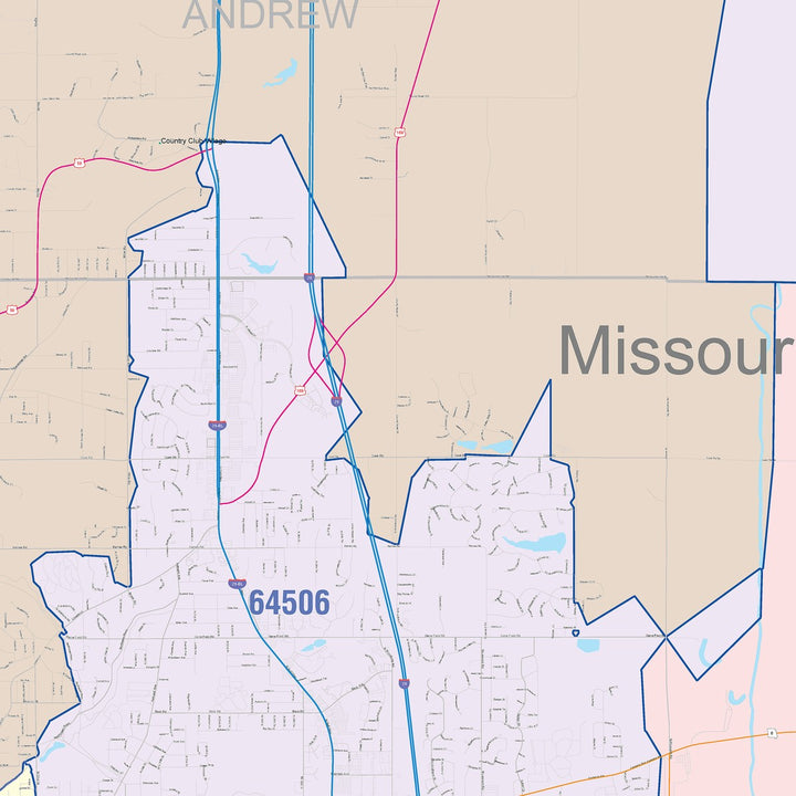 Color Cast Zip Code Style Wall Map of St. Joseph, MO