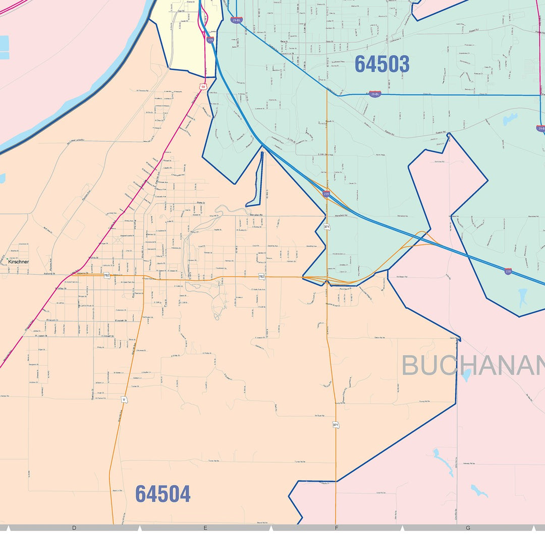 Color Cast Zip Code Style Wall Map of St. Joseph, MO
