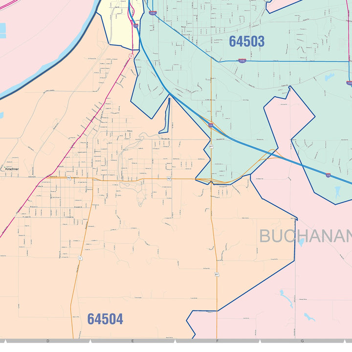 Color Cast Zip Code Style Wall Map of St. Joseph, MO