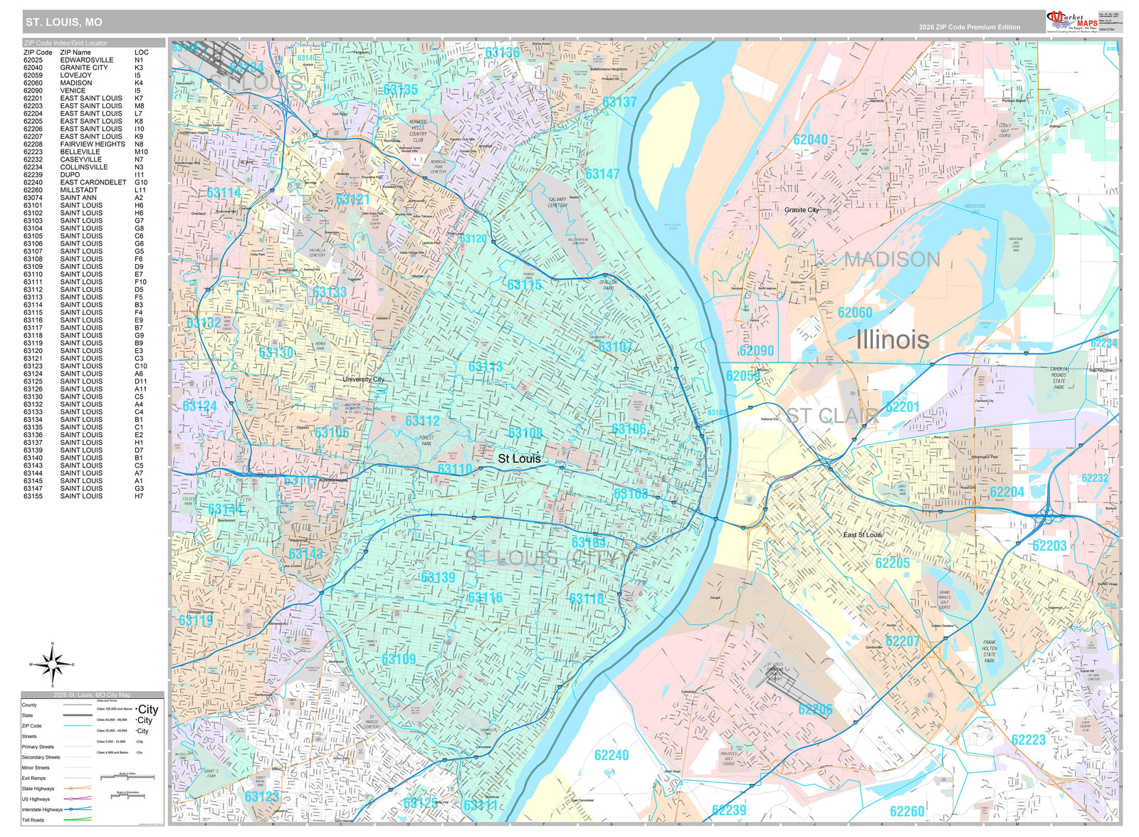 Premium Style Wall Map of St. Louis MO.