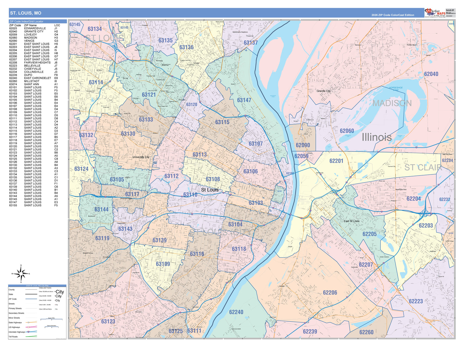 Colorcast Zip Code Style Wall Map of St. Louis MO