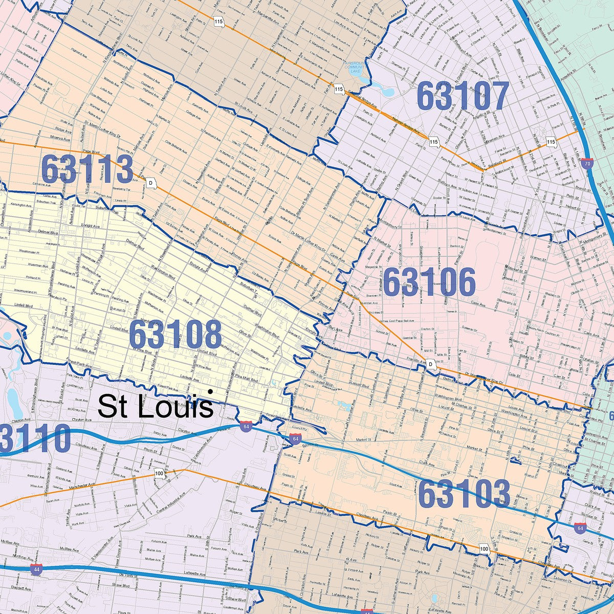 Colorcast Zip Code Style Wall Map of St. Louis MO