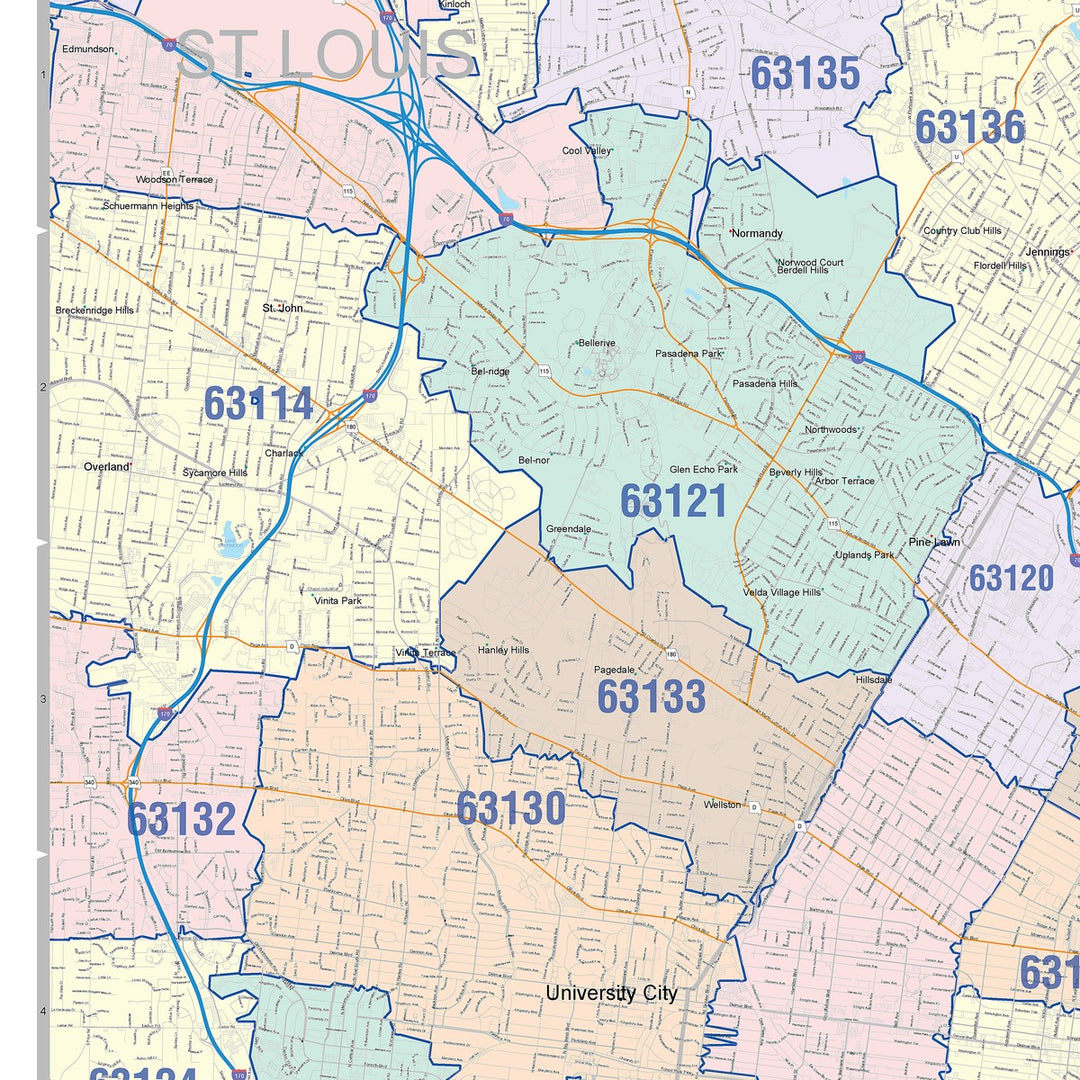 Colorcast Zip Code Style Wall Map of St. Louis, MO – American Map Store
