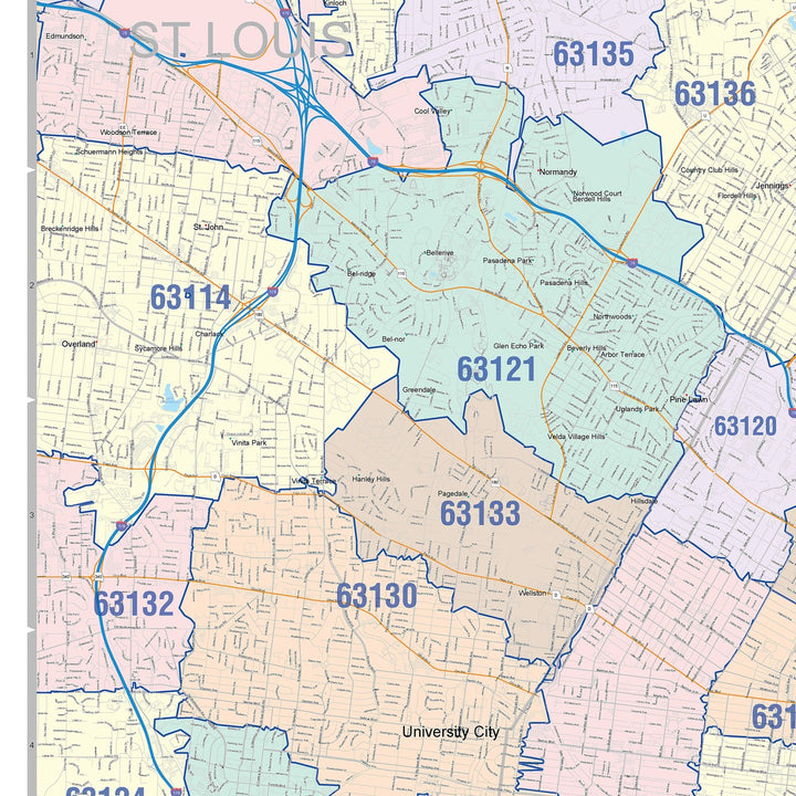 Colorcast Zip Code Style Wall Map of St. Louis, MO – American Map Store