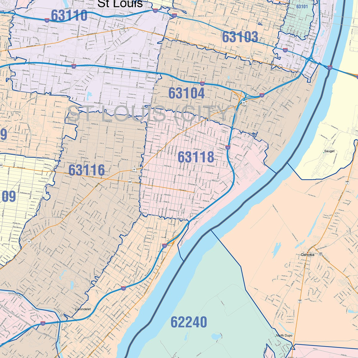 Colorcast Zip Code Style Wall Map of St. Louis, MO – American Map