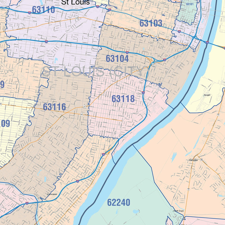 Map 302 Zip Colorcast Zip Code Style Wall Map of St. Louis, MO – American Map Store