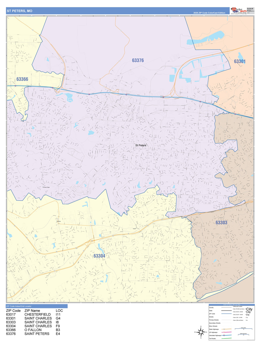 Color Cast Zip Code Style Wall Map of St. Peters, MO