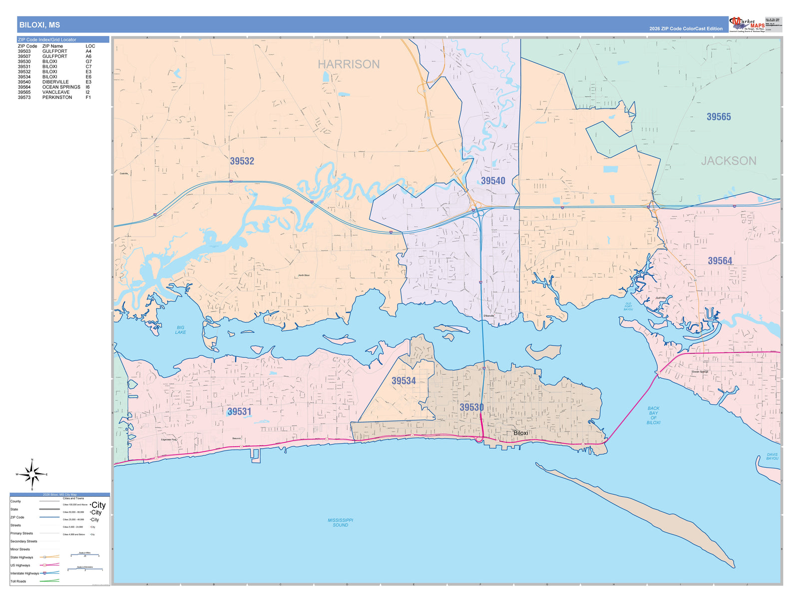 Color Cast Zip Code Style Wall Map of Biloxi, MS