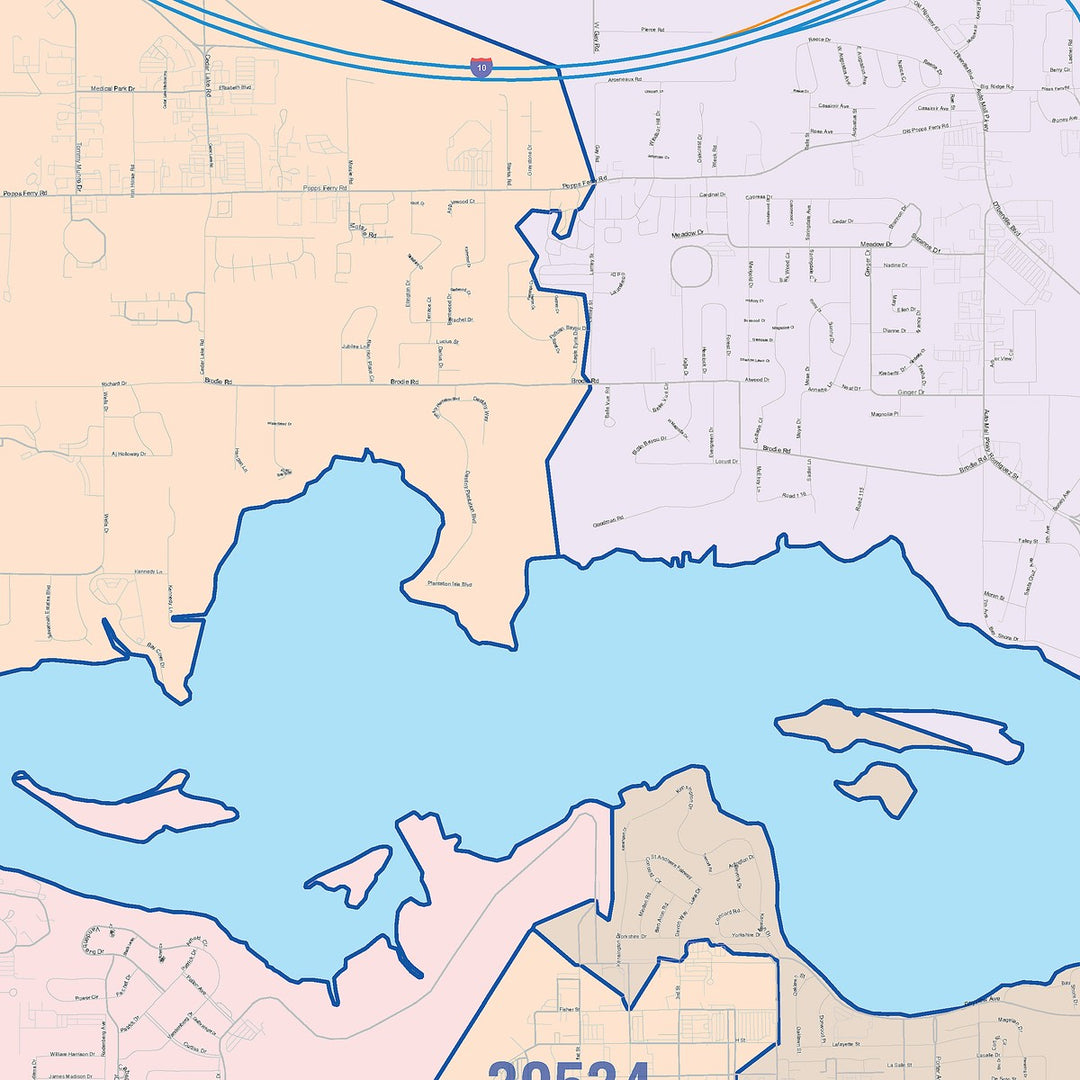 Color Cast Zip Code Style Wall Map of Biloxi, MS