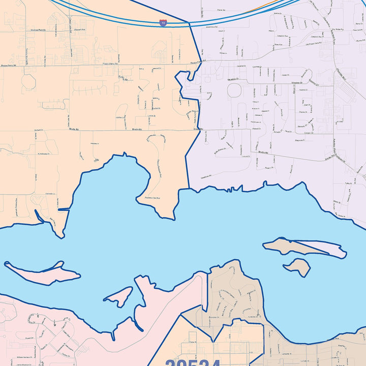 Color Cast Zip Code Style Wall Map of Biloxi, MS