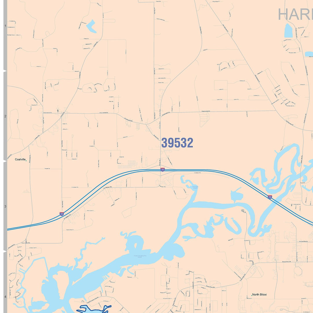 Color Cast Zip Code Style Wall Map of Biloxi, MS