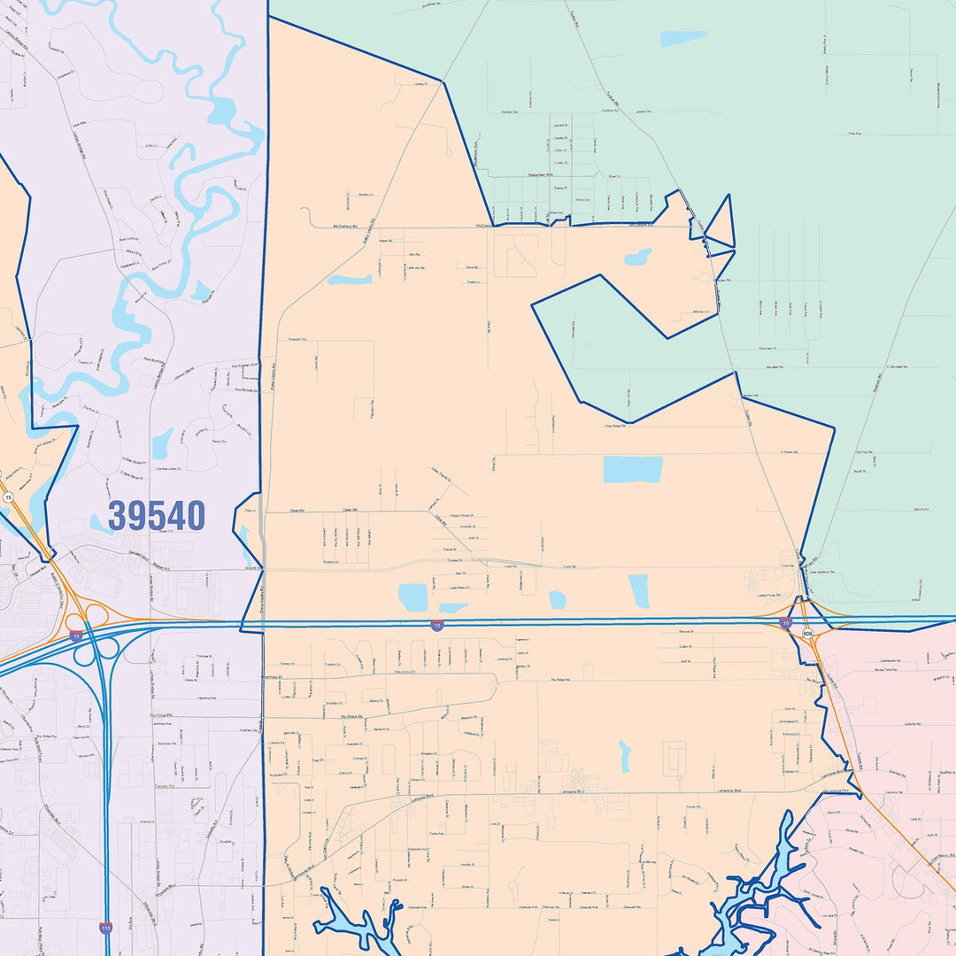 Color Cast Zip Code Style Wall Map of Biloxi, MS