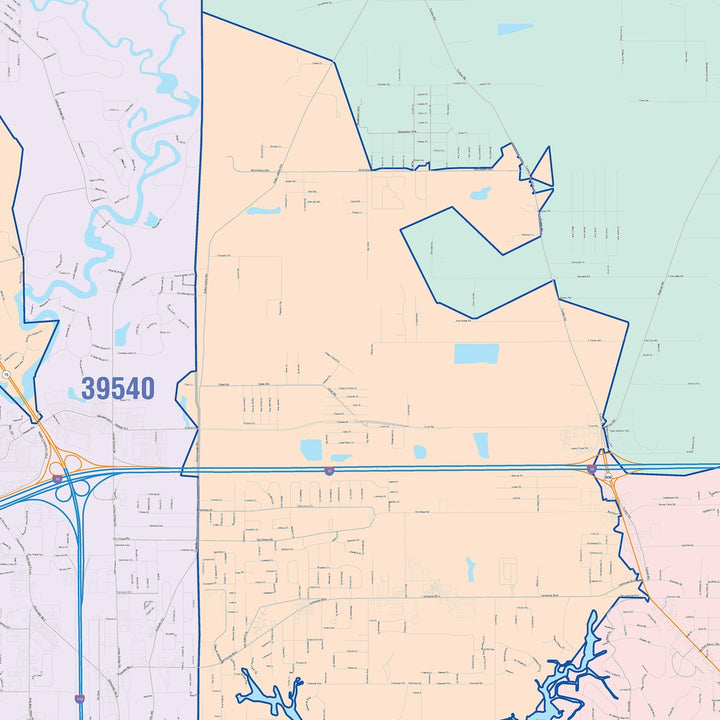 Color Cast Zip Code Style Wall Map of Biloxi, MS