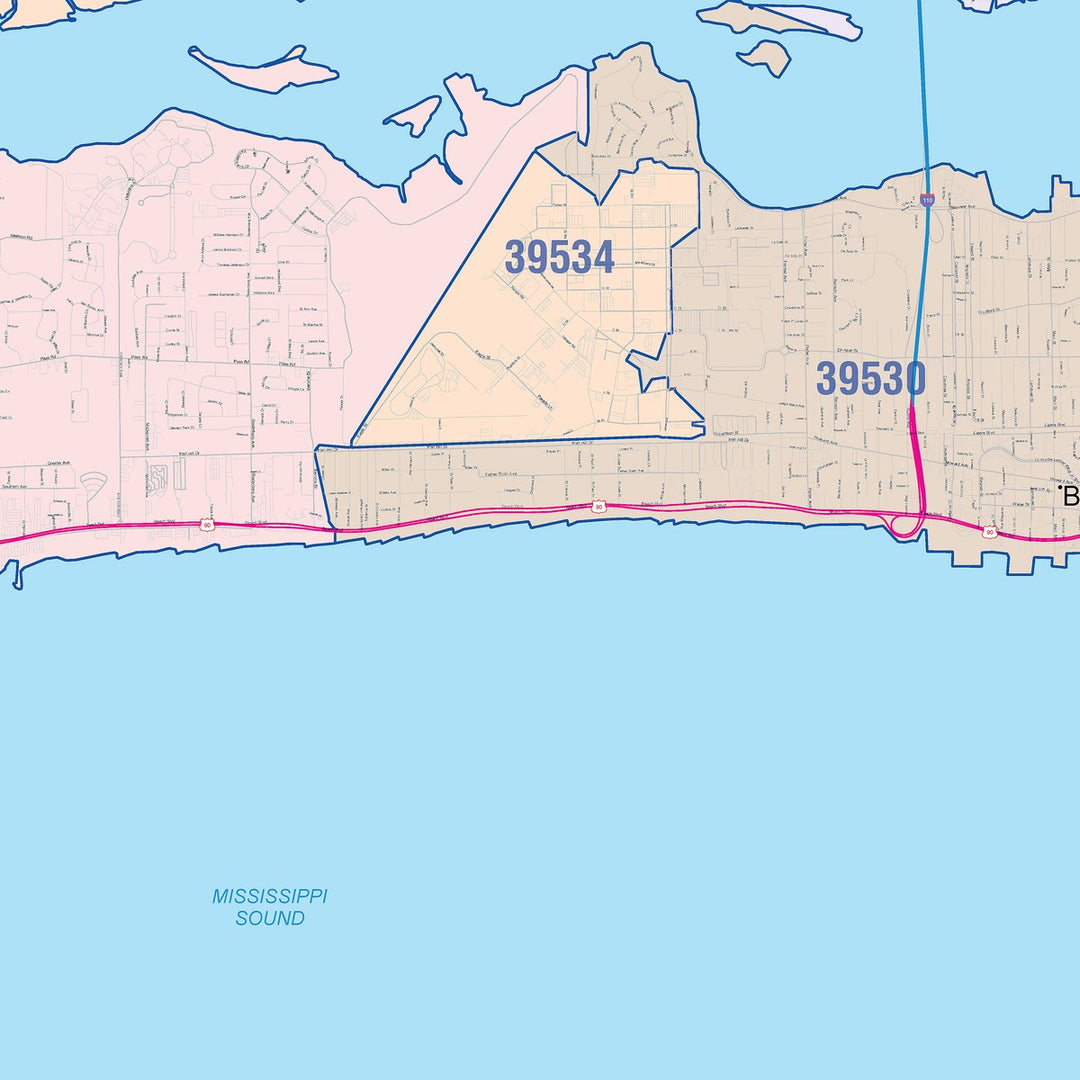 Color Cast Zip Code Style Wall Map of Biloxi, MS