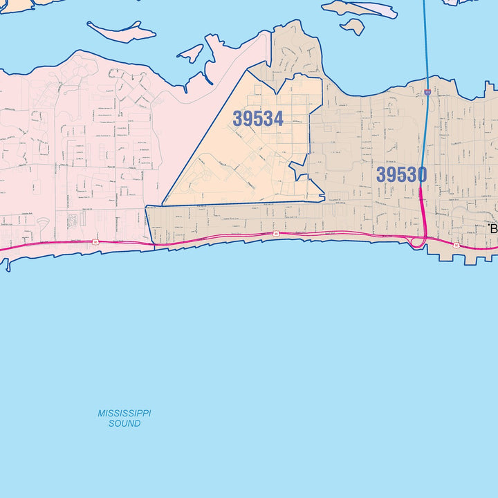 Color Cast Zip Code Style Wall Map of Biloxi, MS