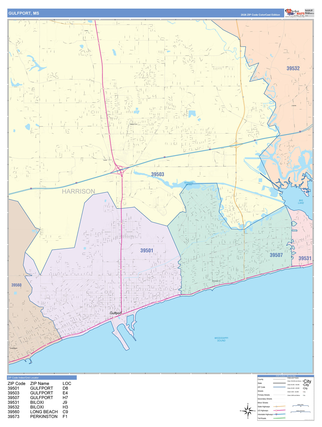 Color Cast Zip Code Style Wall Map of Gulfport, MS