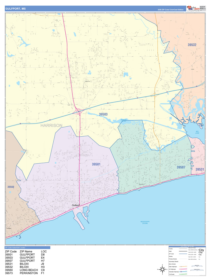 Color Cast Zip Code Style Wall Map of Gulfport, MS
