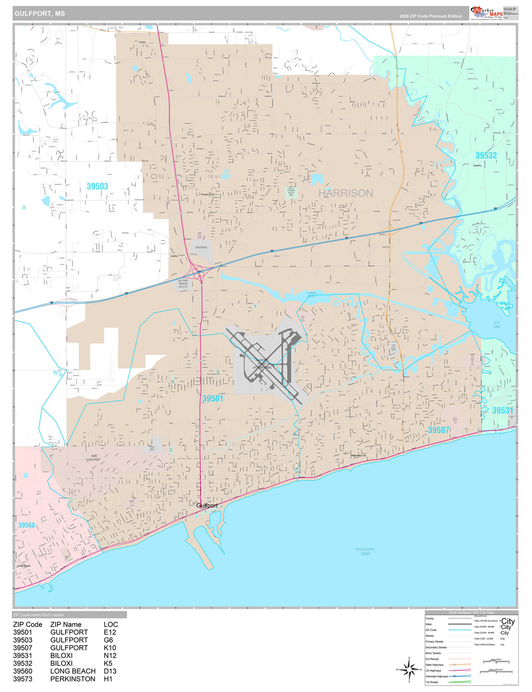 Premium Style Wall Map of Gulfport, MS