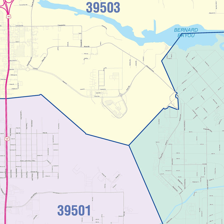 Color Cast Zip Code Style Wall Map of Gulfport, MS