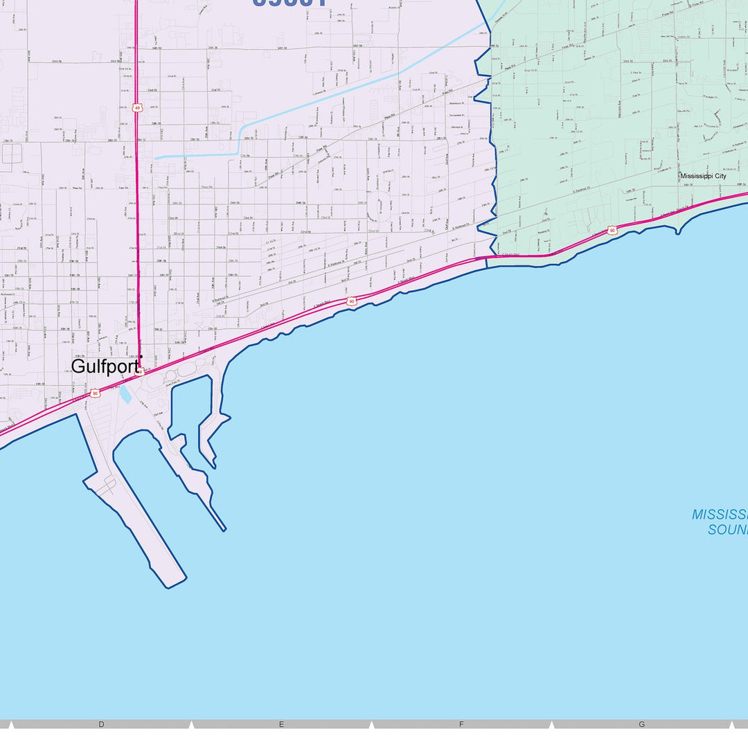 Color Cast Zip Code Style Wall Map of Gulfport, MS