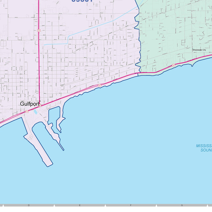 Color Cast Zip Code Style Wall Map of Gulfport, MS