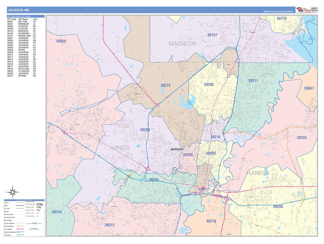 Color Cast Zip Code Style Wall Map of Jackson, MS