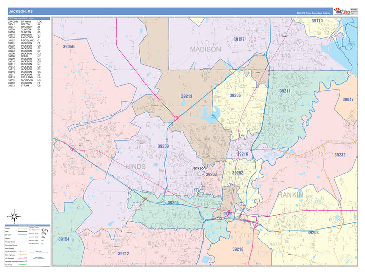 Color Cast Zip Code Style Wall Map of Jackson, MS