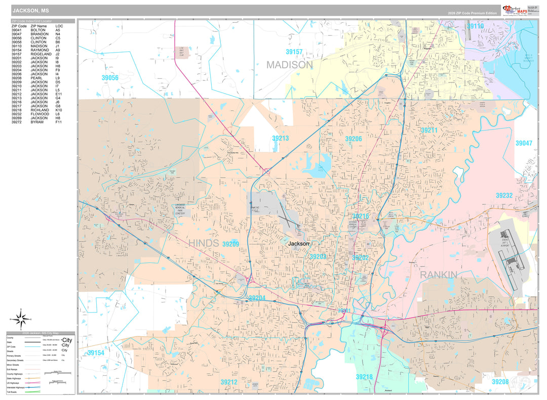 Premium Style Wall Map of Jackson, MS