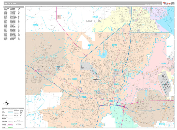 Premium Style Wall Map of Jackson, MS