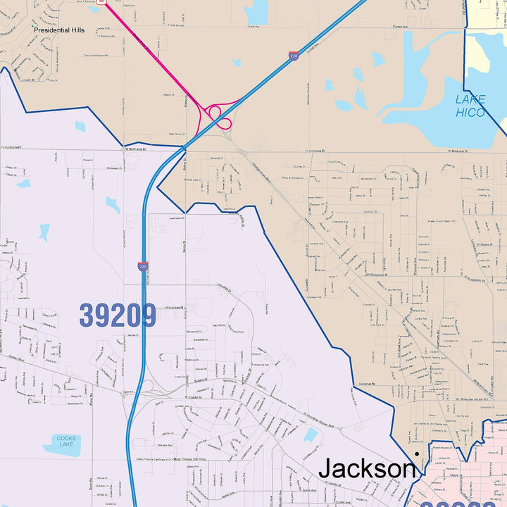 Color Cast Zip Code Style Wall Map of Jackson, MS