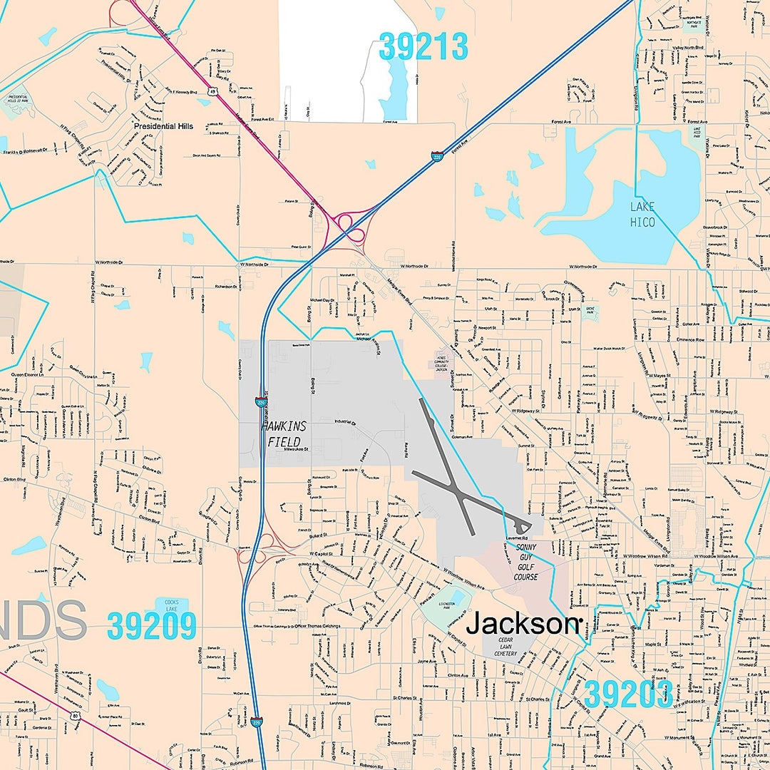 Premium Style Wall Map of Jackson, MS