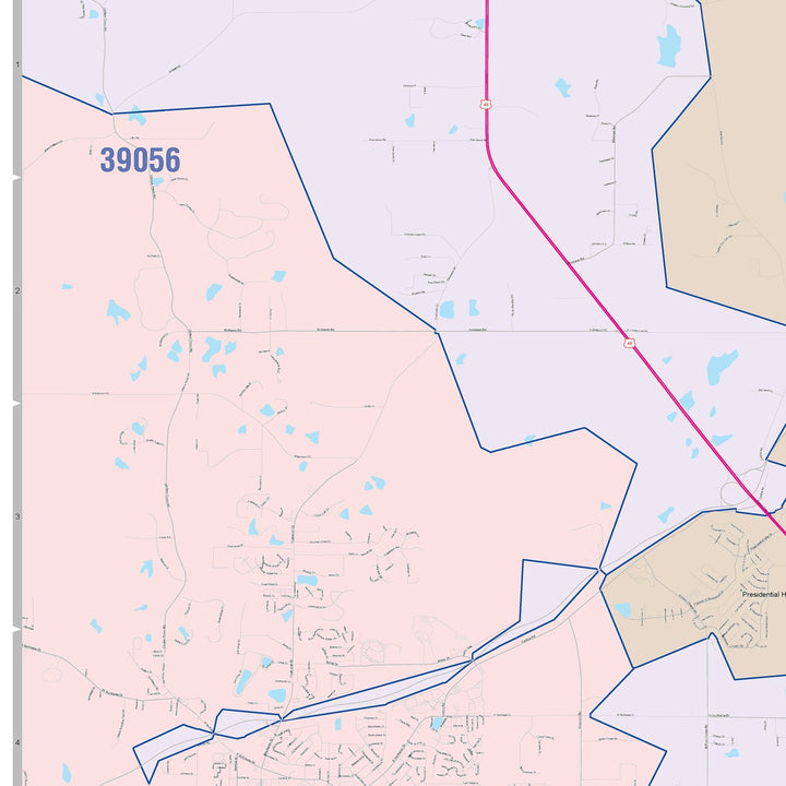 Color Cast Zip Code Style Wall Map of Jackson, MS
