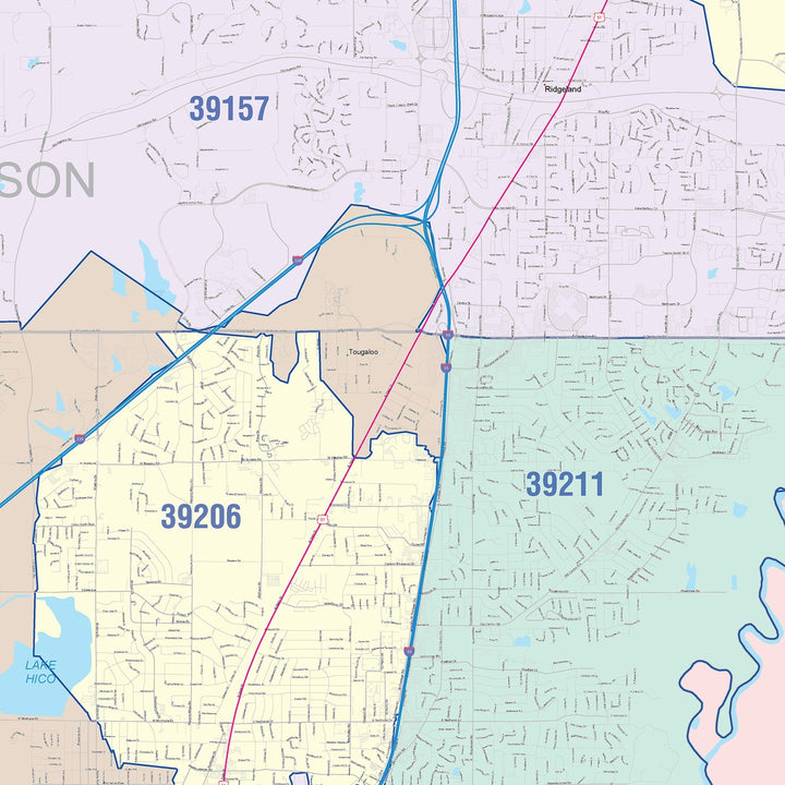 Color Cast Zip Code Style Wall Map of Jackson, MS