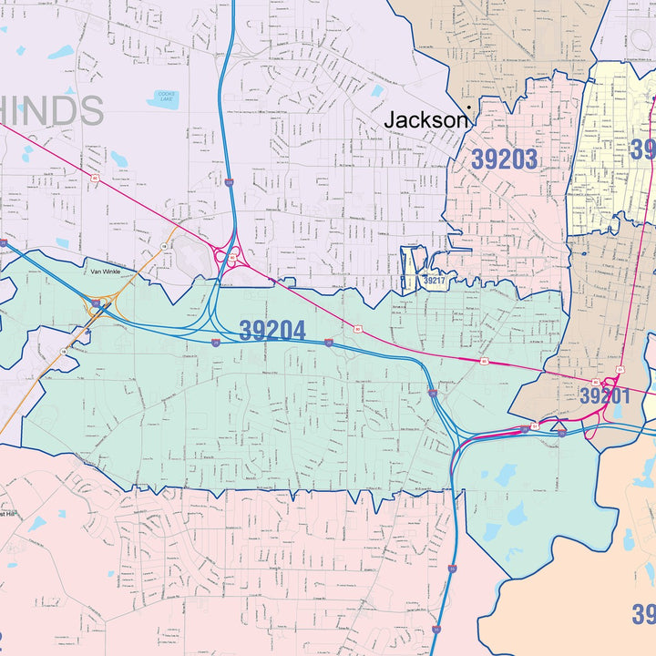 Color Cast Zip Code Style Wall Map of Jackson, MS