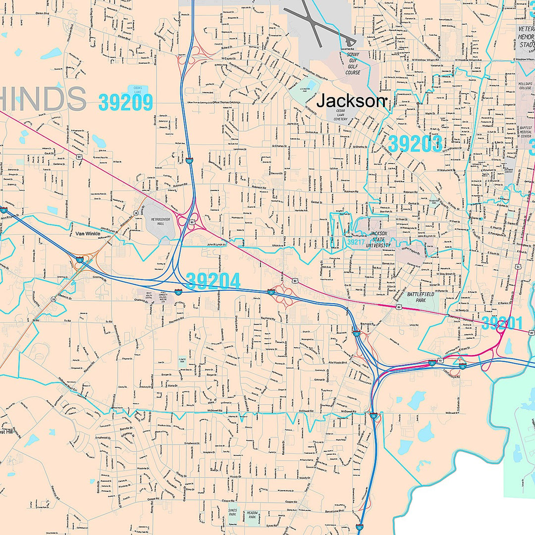 Premium Style Wall Map of Jackson, MS