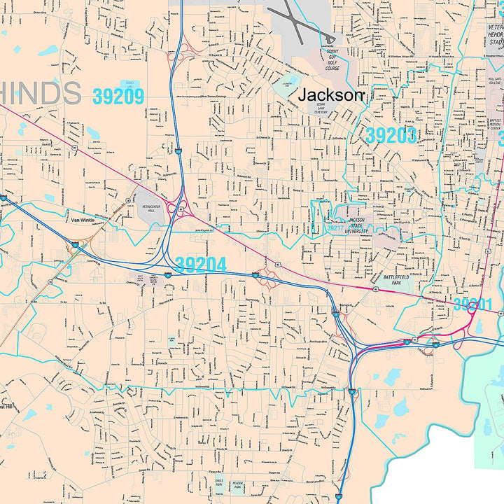 Premium Style Wall Map of Jackson, MS
