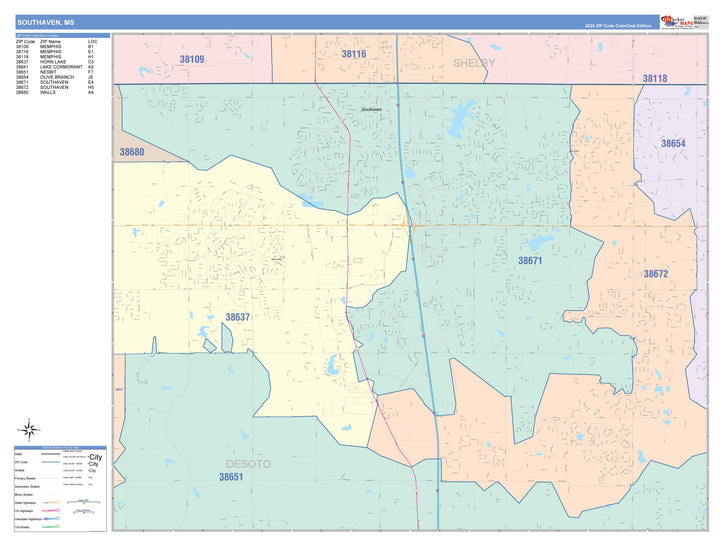Color Cast Zip Code Style Wall Map of Southaven, MS