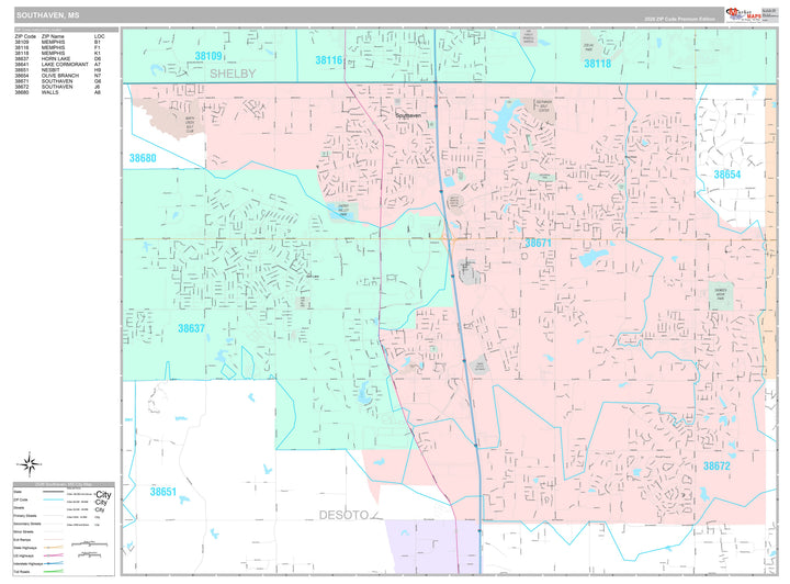 Premium Style Wall Map of Southaven, MS