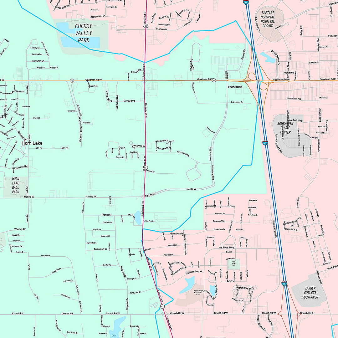 Premium Style Wall Map of Southaven, MS