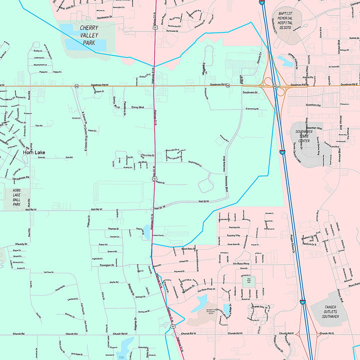 Premium Style Wall Map of Southaven, MS