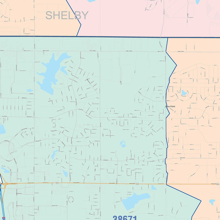 Color Cast Zip Code Style Wall Map of Southaven, MS