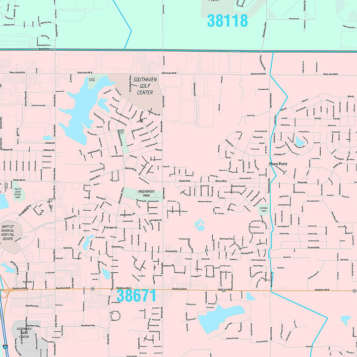 Premium Style Wall Map of Southaven, MS