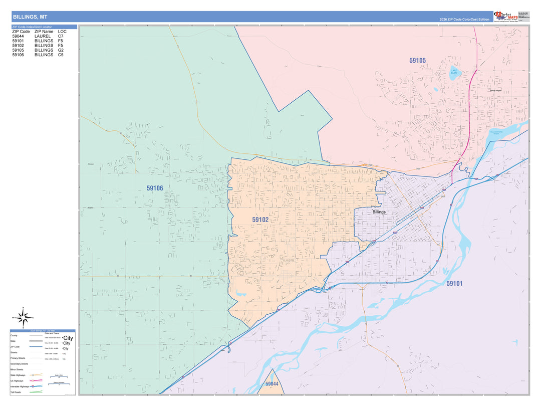 Color Cast Zip Code Style Wall Map of Billings, MT