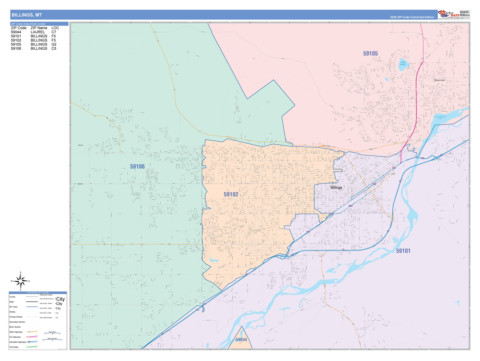 Color Cast Zip Code Style Wall Map of Billings, MT
