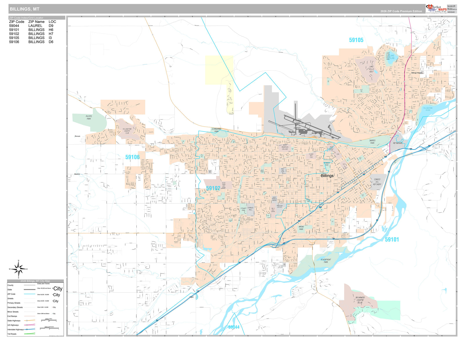 Premium Style Wall Map of Billings, MT