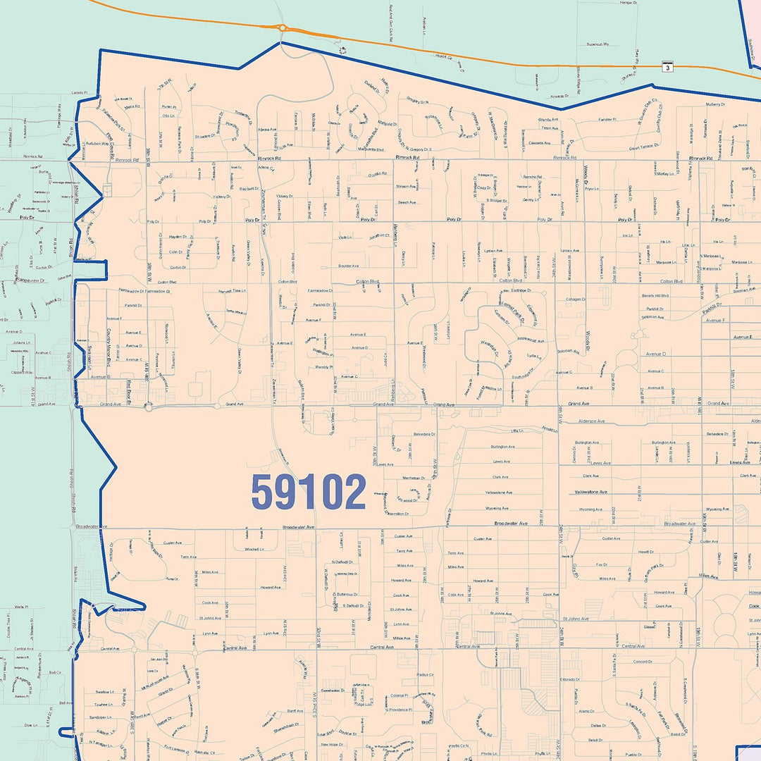 Color Cast Zip Code Style Wall Map of Billings, MT