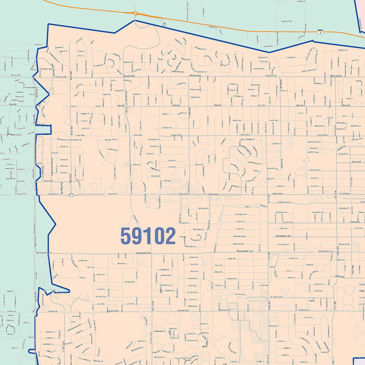 Color Cast Zip Code Style Wall Map of Billings, MT